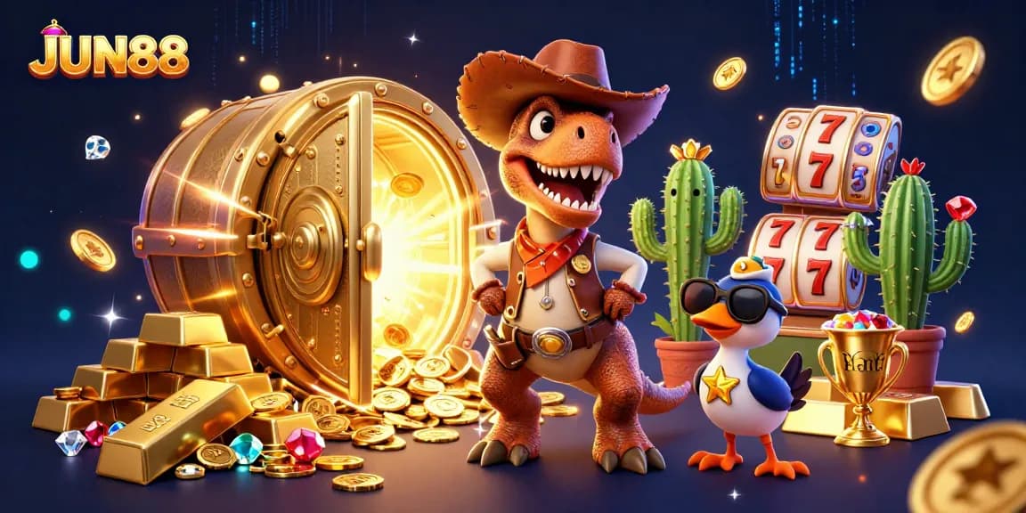 Win big at JUN88 with a vibrant 3D cartoon scene featuring a dinosaur, cactus, and roadrunner.