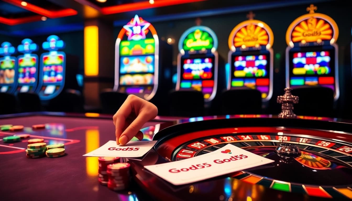 God55 enhances online gaming with vibrant casino elements, showcasing exciting betting and slots.