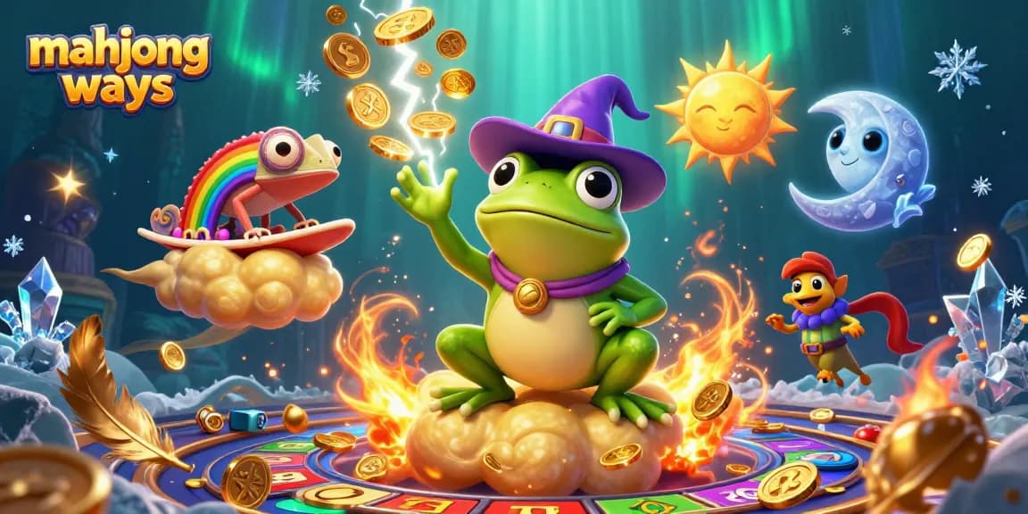 Experience mahjong ways with this vibrant illustration of a frog wizard amidst golden coins and playful spirits.