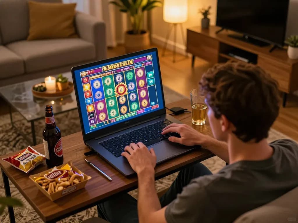 Engaging in judi slot gameplay on a laptop in a cozy home setting