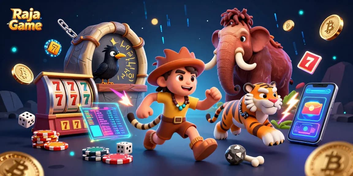 Experience Raja Game with a vibrant casino scene featuring a caveman and sabertooth tiger.