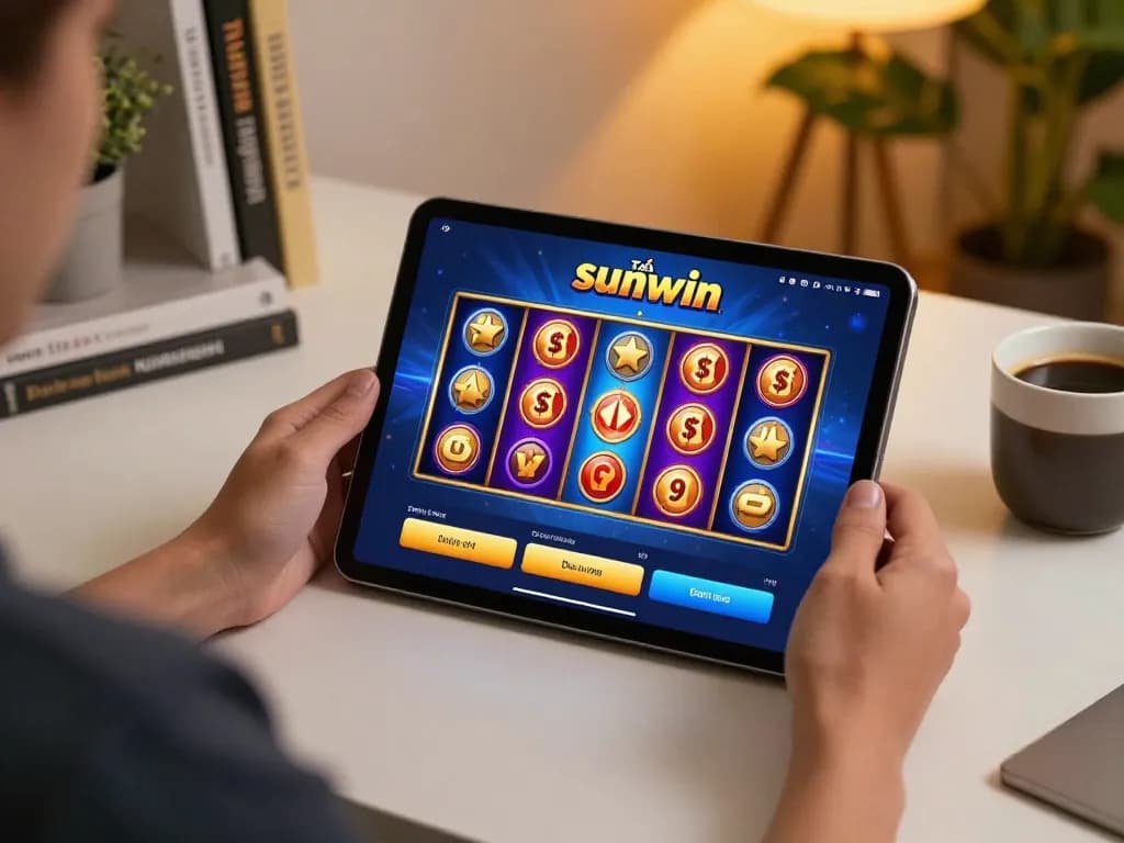 Engaging gameplay on the tải sunwin app showcasing vibrant slot games on a tablet, highlighting a cozy gaming atmosphere.