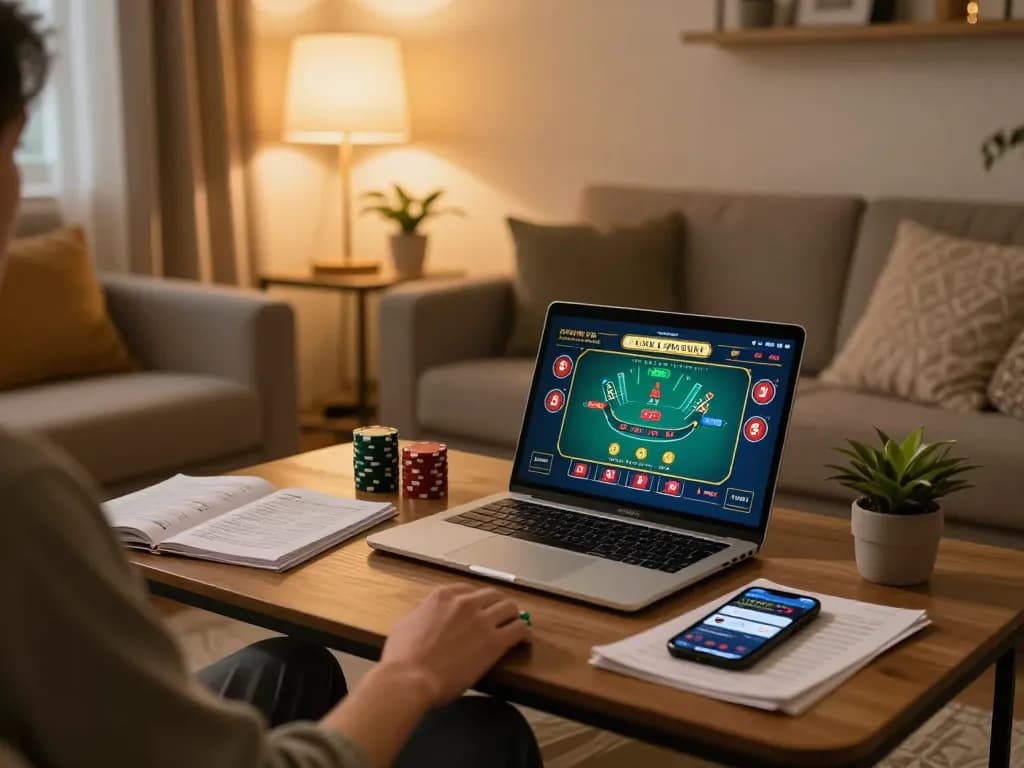 Person engaging in live dealer games on laptop at home, showcasing strategic online gambling with bj886.