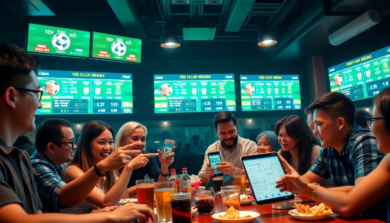 A vibrant sports betting scene showcasing tỷ lệ kèo with excited friends in a modern bar.