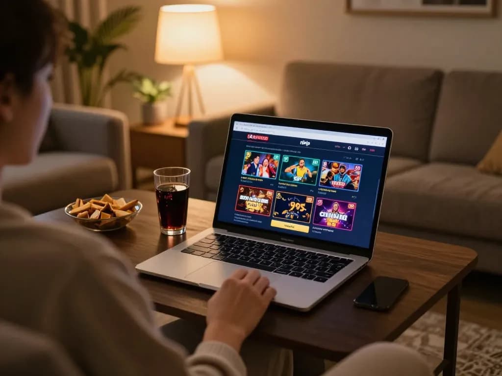 Engaged player experiencing rikvip online gaming on laptop in stylish home setup.