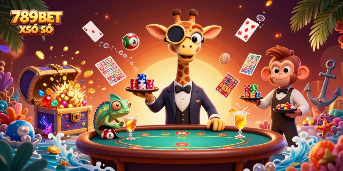 Win big with 789BET XỔ SỐ as a giraffe, monkey, and chameleon engage in vibrant lottery fun.