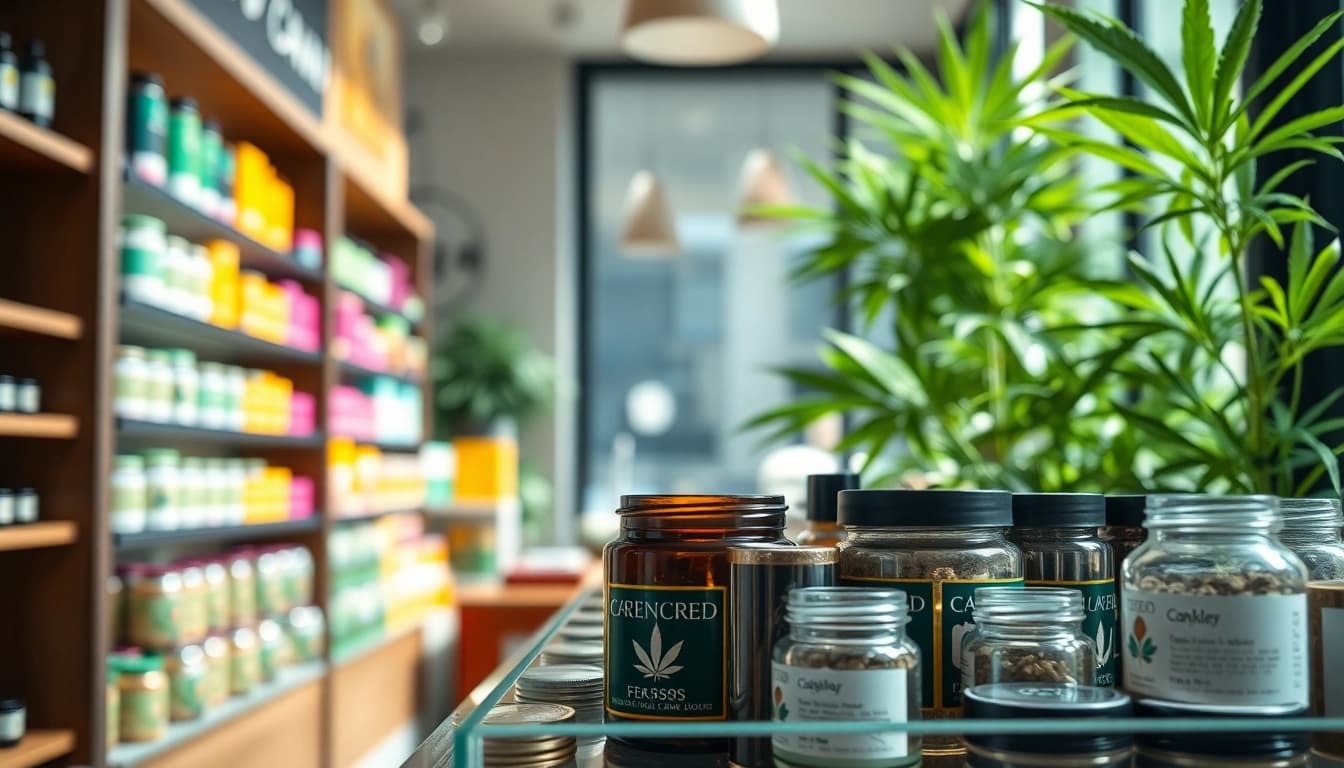 Explore weed sites buy with a vibrant cannabis product display in a modern shop.
