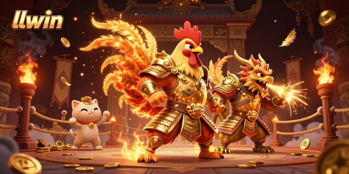 Engage in thrilling adventures at llwin with a fighting rooster, dragon hatchling, and fortune cat in a vibrant casino scene.