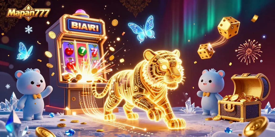 Spin the reels and win with Mapan777 in this exciting casino scene filled with vibrant symbols and energy.