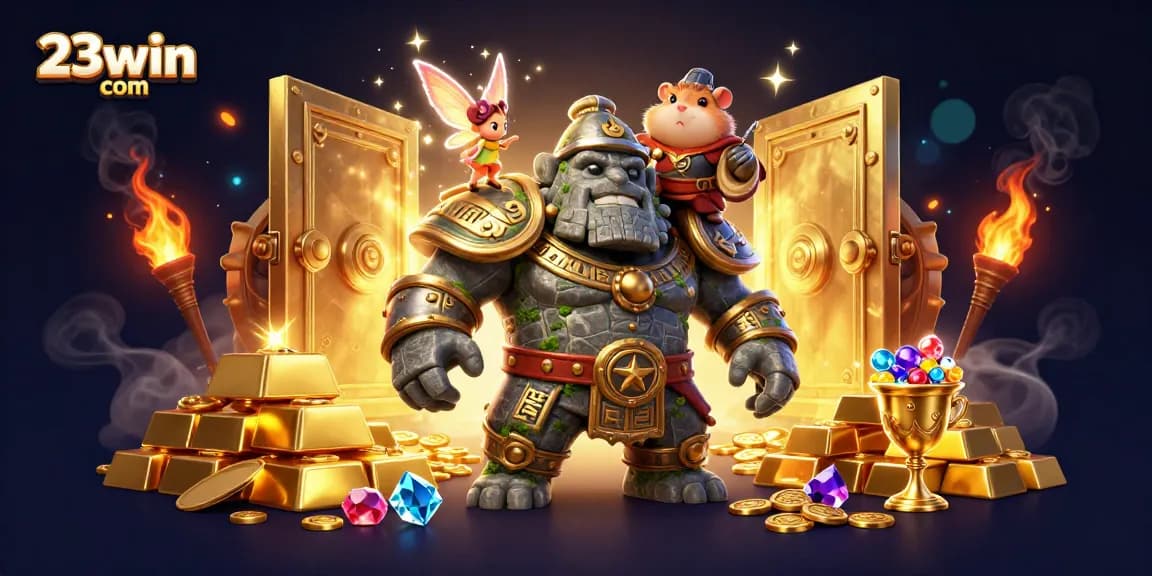 Engage with 23win com characters in a bustling casino scene filled with treasures and game excitement.