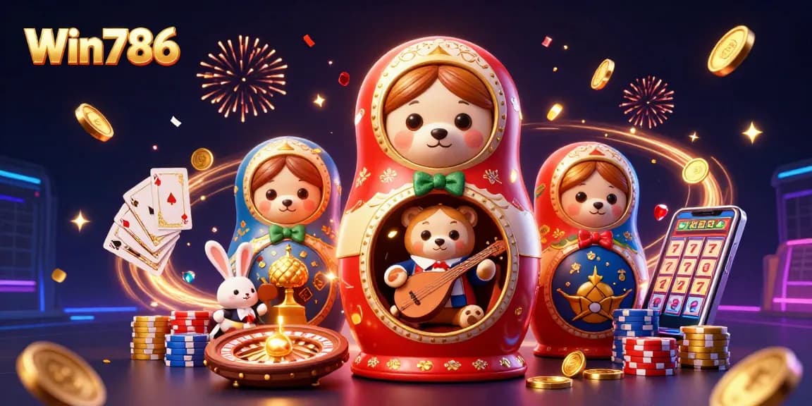 Win786 showcases an exciting 3D casino scene with cartoon characters, games, and festive elements.