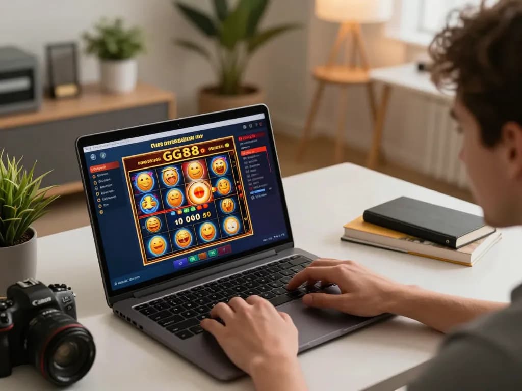 Player engaging in GG88 online slots, showcasing excitement in a cozy home office setting.