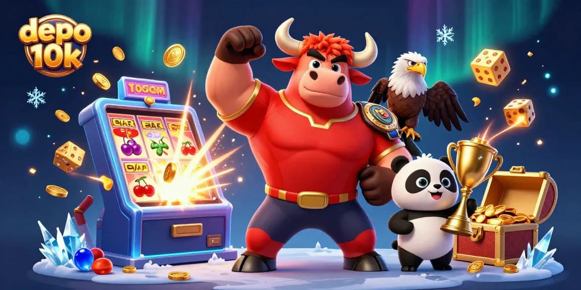 Experience thrilling wins with depo 10k at a vibrant casino scene featuring lively characters!