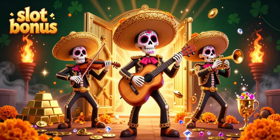 Celebrate with slot bonus in this vibrant mariachi band illustration featuring gold treasures.