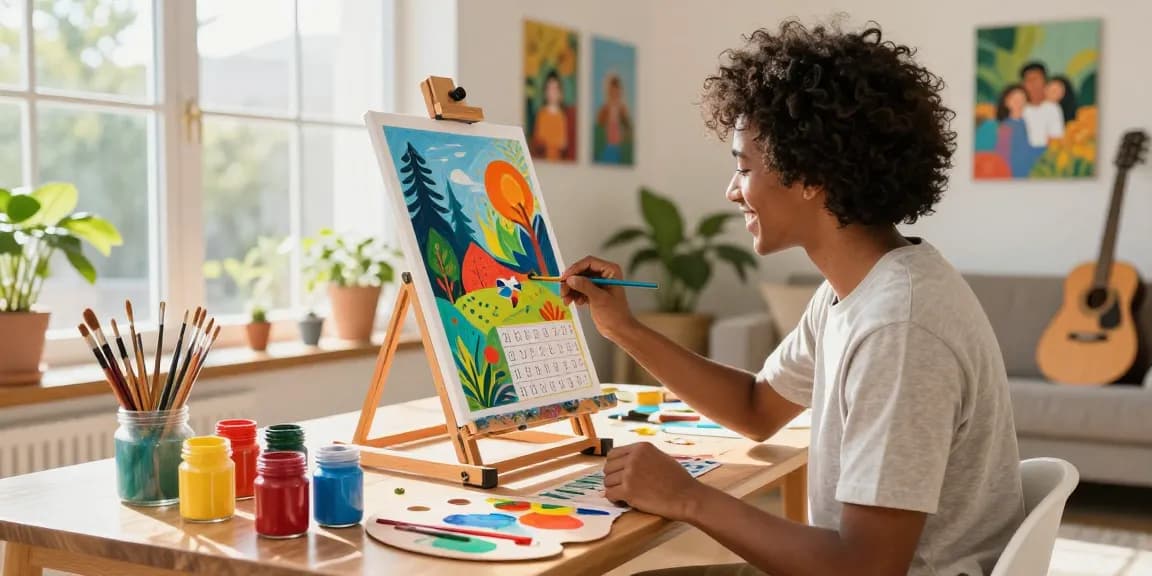Artist immersed in a paint number project, creating vibrant art in a sunny studio.