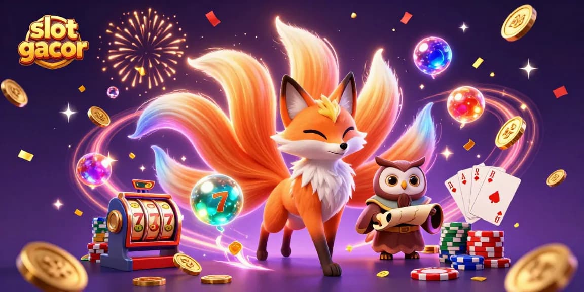 Engage in slot gacor action featuring glowing fox spirit, wise owl, and vibrant casino elements.