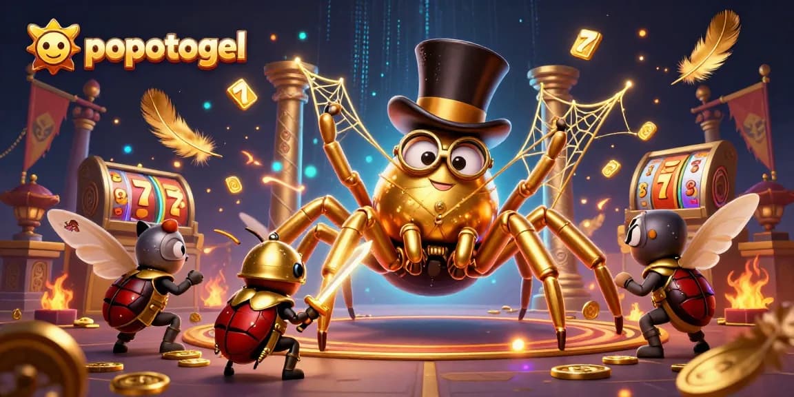 Engage with popotogel in a vibrant 3D casino scene featuring a golden tarantula and a beetle knight.
