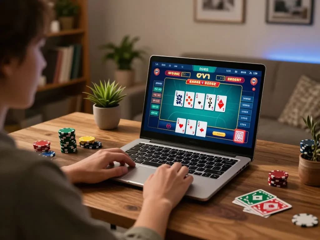Engaging in live dealer poker on 388bet's online platform with cards displayed, cozy home setting