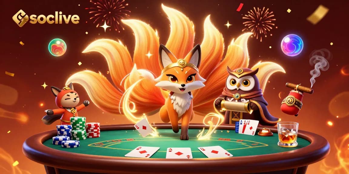 Experience the excitement with Socolive as the nine-tailed fox spirit and wise owl create a vibrant gambling atmosphere.