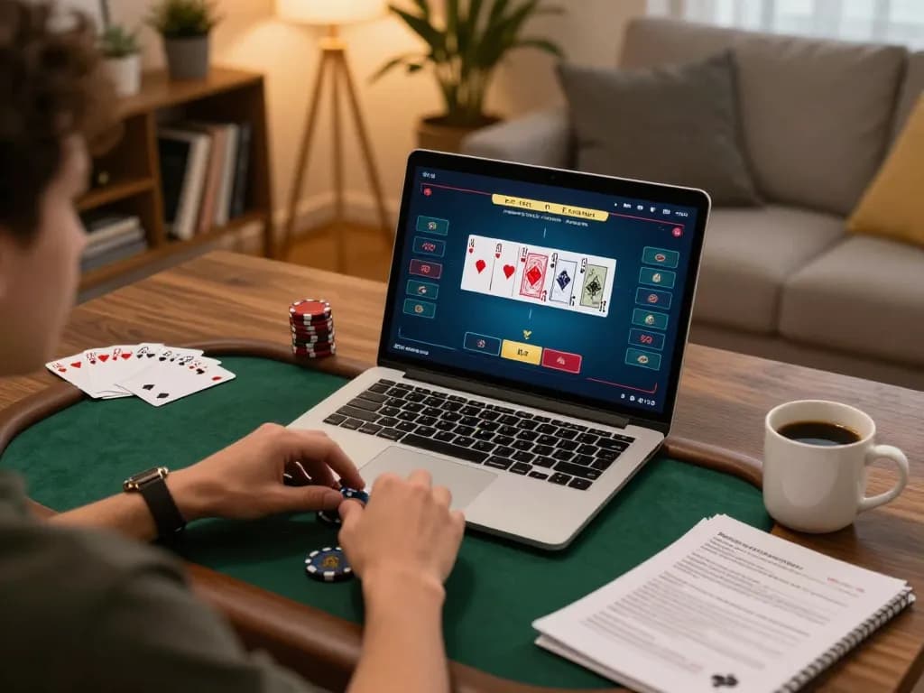 Player strategizing and enjoying online gambling at home using RR 88 platform on laptop.