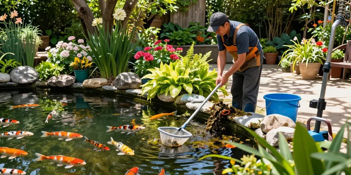 Pond Cleaning Sussex expert removing debris from a pristine backyard pond surrounded by lush greenery.