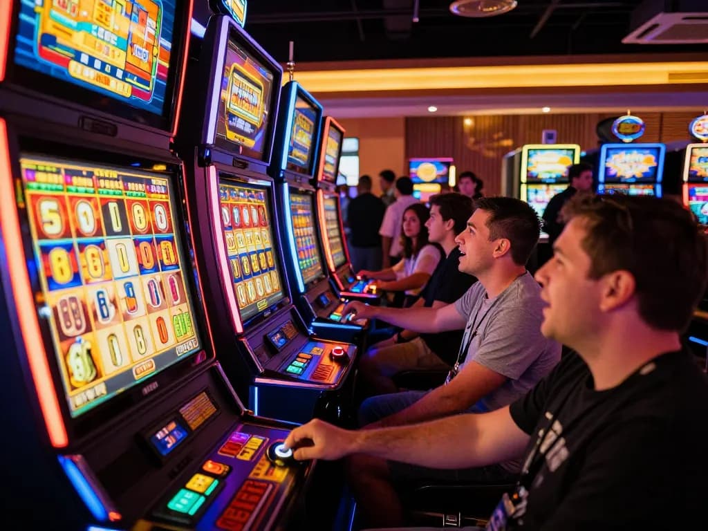 Players in a casino slot machine area celebrating wins with a slot bet 100 strategy in action