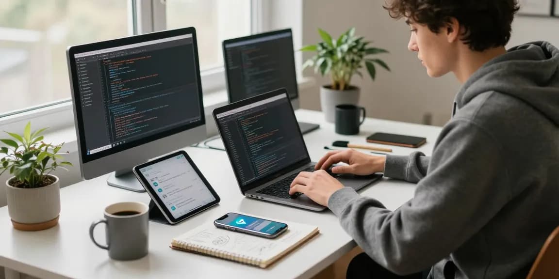 Efficient workspace for telegram中文版下载 showcasing a developer coding with modern devices.