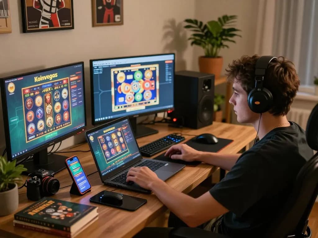 Koinvegas slot gaming setup with player engaged at laptop, showcasing vibrant graphics and strategic gameplay.