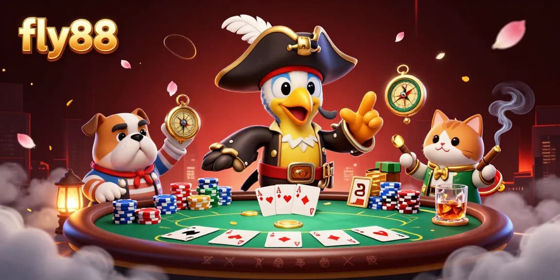 Engage with fly88 as a pirate captain parrot commands a vibrant poker scene with colorful chips and cards.