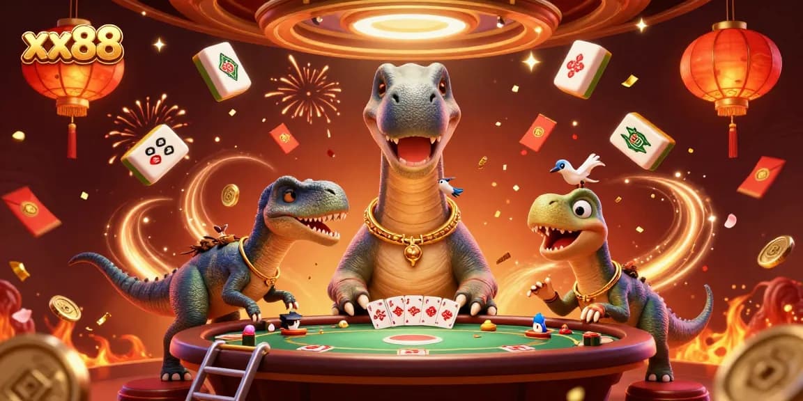Experience excitement with xx88 as the brontosaurus monitors a poker game from above.