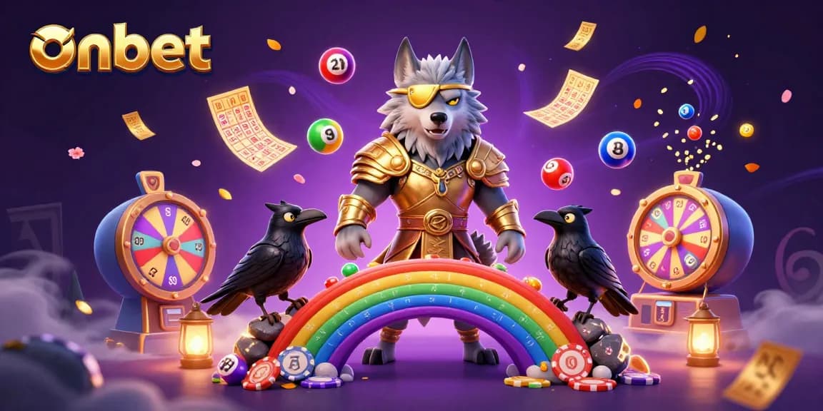 Engage with onbet's vibrant casino scene featuring Odin, ravens, and colorful gaming elements.