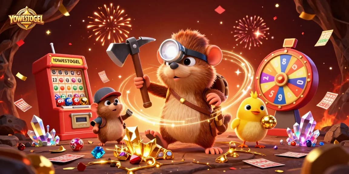Experience lottery excitement with YOWESTOGEL, featuring vibrant prizes and colorful bingo cards.
