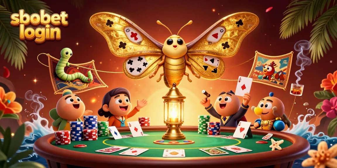 Engage with sbobet login in this vibrant casino scene featuring an atlas moth and poker elements.