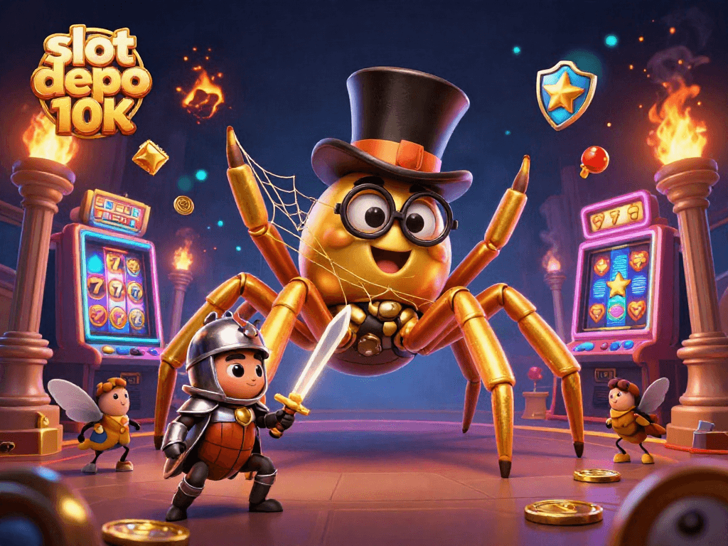 Engage with slot depo 10K features in this vibrant, animated casino scene illustration.