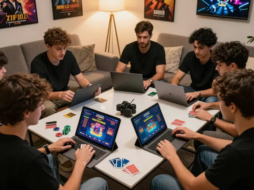 Players enjoying online poker at https://7hh.games/ in a cozy living room setting, capturing strategic gameplay moments.