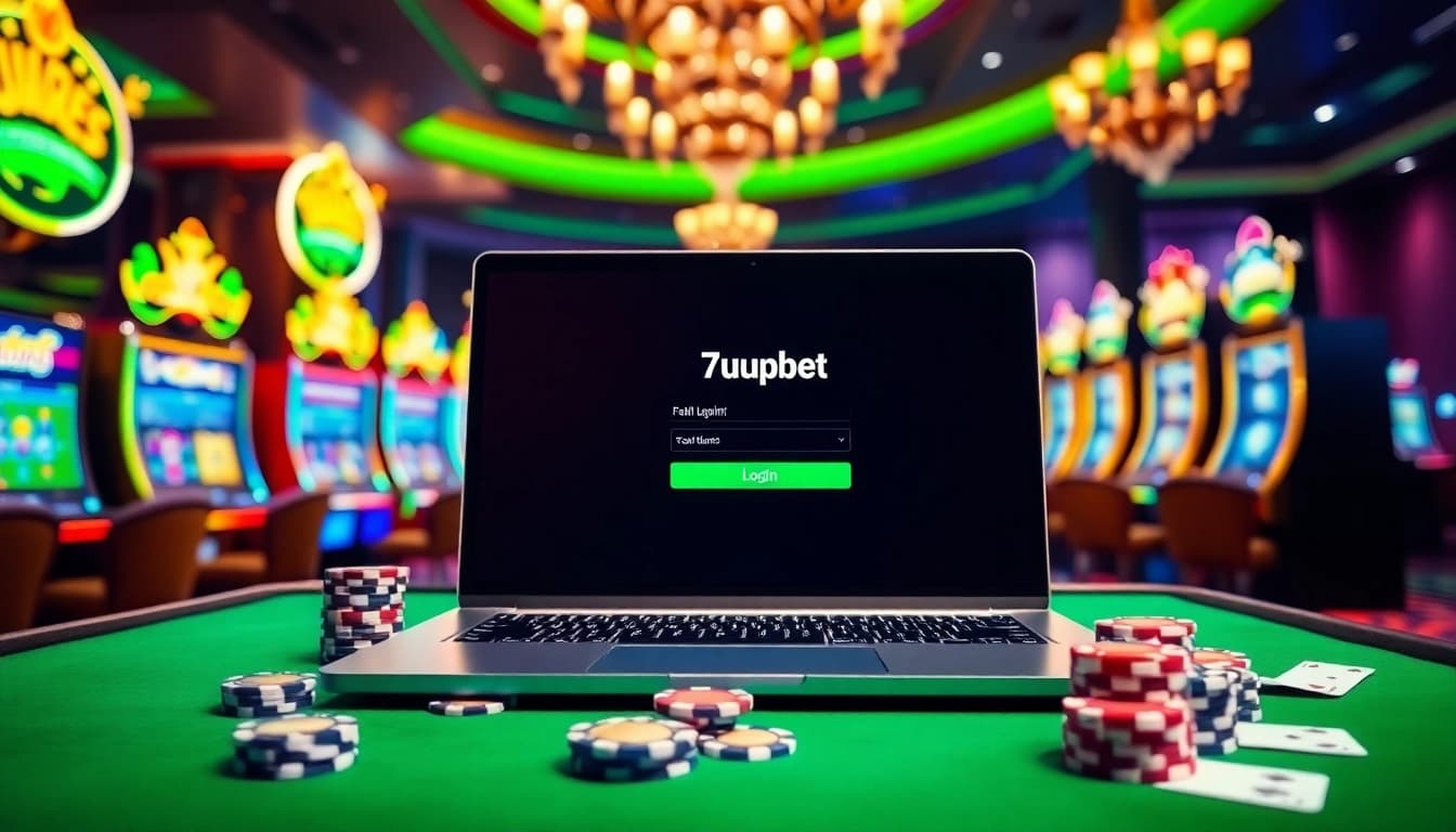 Experience the excitement of 7upbet login as players engage with vibrant casino visuals, featuring slots and poker chips.