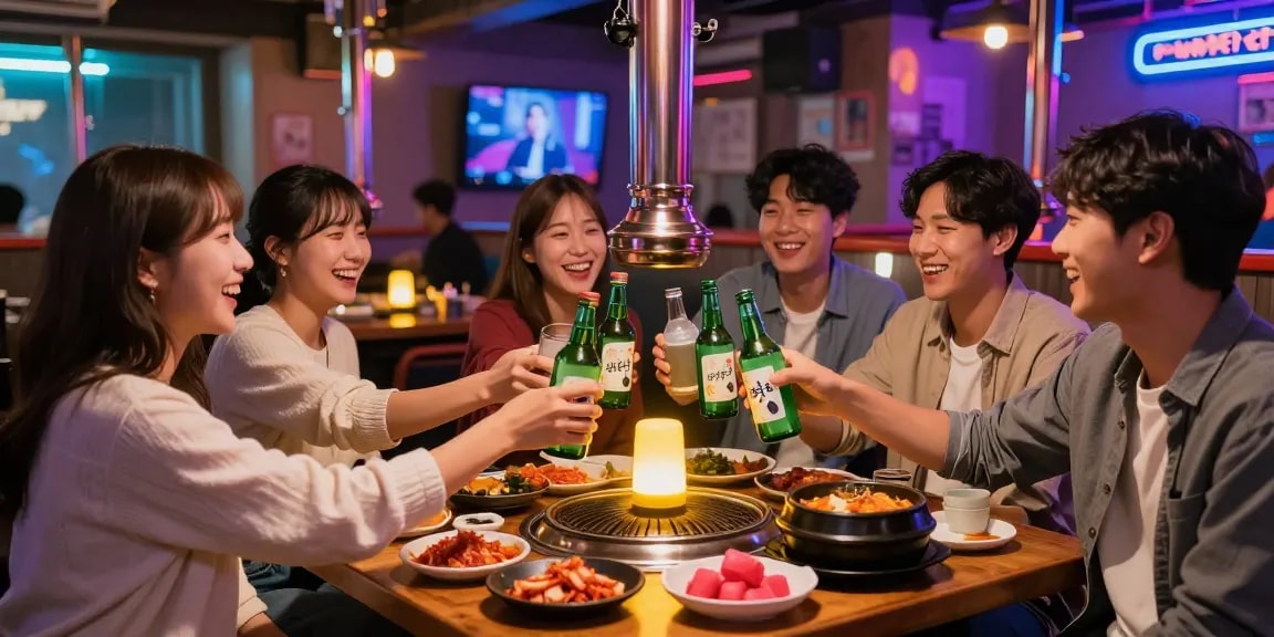 Friends enjoying 상봉동 한국관나이트 at a vibrant bar, clinking glasses filled with soju amid welcoming neon lights and Korean BBQ dishes.