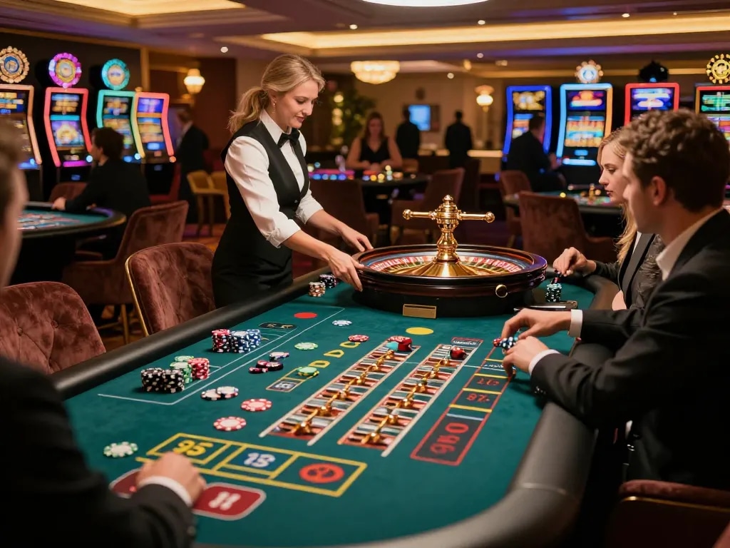Engaged players at a luxurious casino roulette table showcasing nhà cái fly88 top games, vibrant atmosphere and exciting gameplay