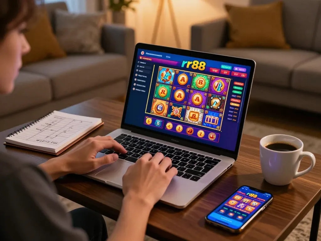 Player exploring rr88 credit online casino games in a cozy home setting with strategic notes nearby.