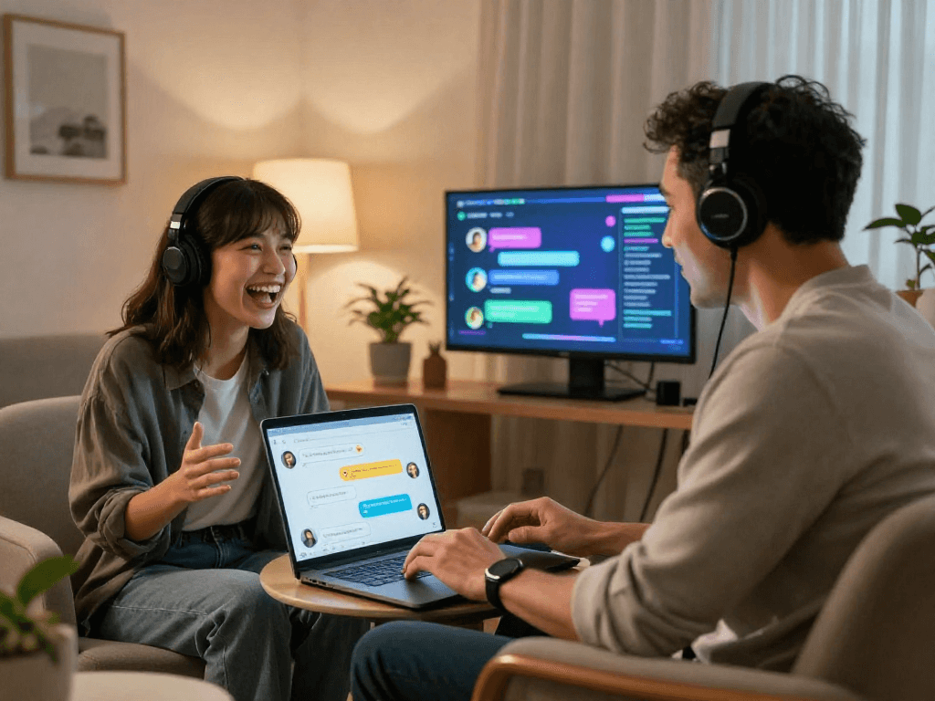 Engaging scene of two users enjoying sex AI chat on their devices in cozy settings.