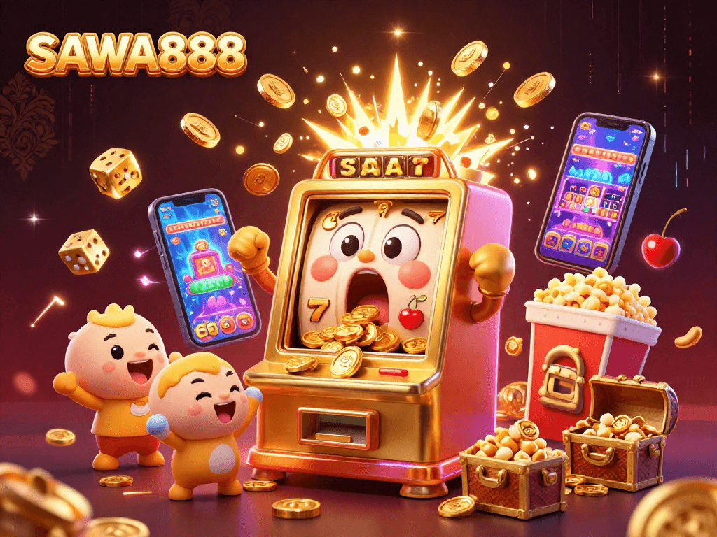 SAWA888 slot machine hits the jackpot, bursting with coins and colorful game symbols.