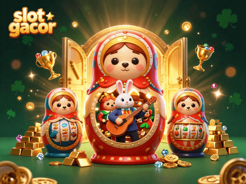 Win big with slot gacor as the Matryoshka bear reveals casino treasures in this vibrant 3D illustration.