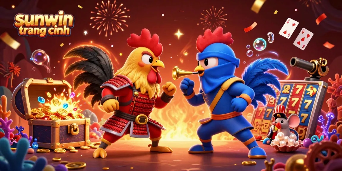 Engage with thrilling gameplay on sunwin trang chính featuring dramatic rooster duel and casino elements.