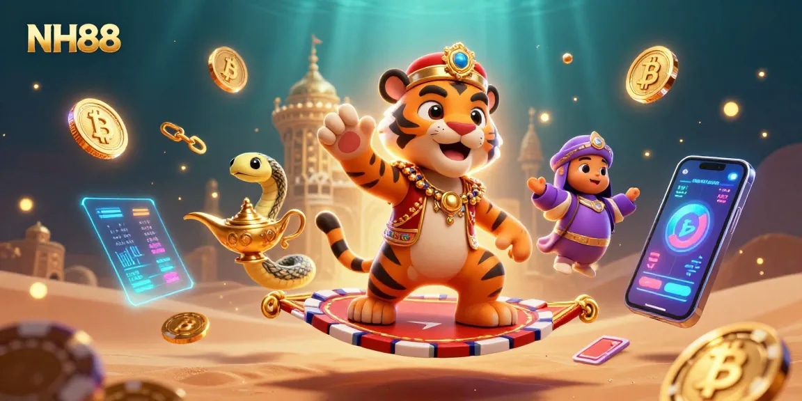 Experience the excitement of NH88 through vibrant elements of crypto gaming in a spectacular casino scene.