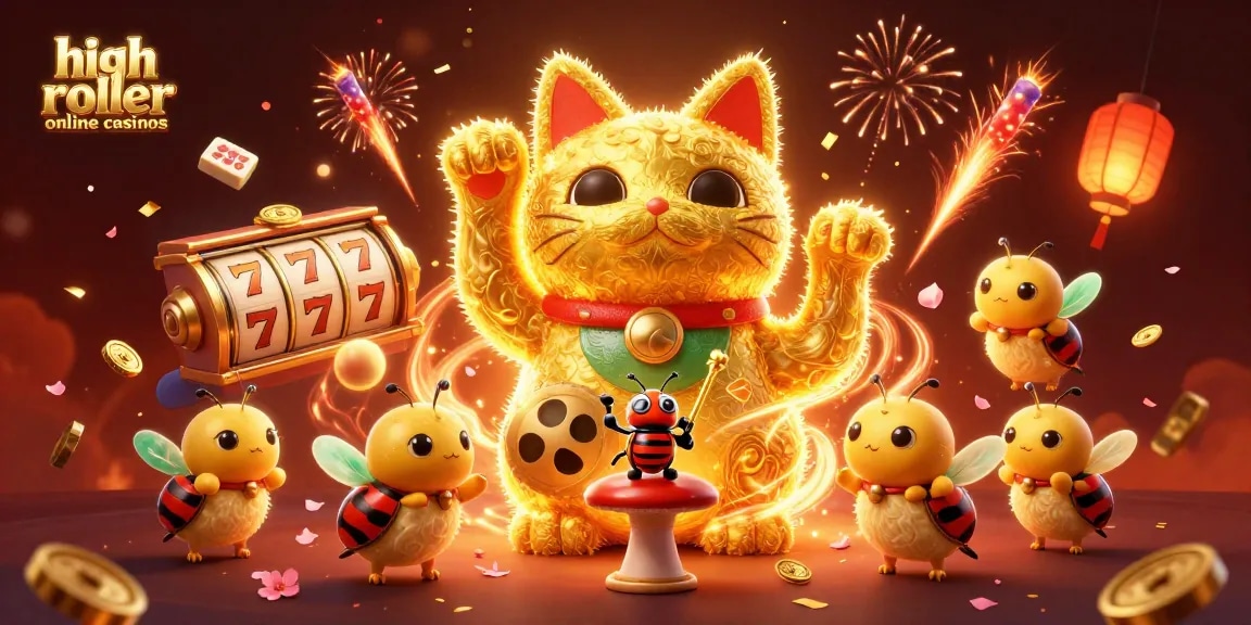 Experience high roller online casinos with vibrant visuals of slot reels, lucky symbols, and a playful giant lucky cat.