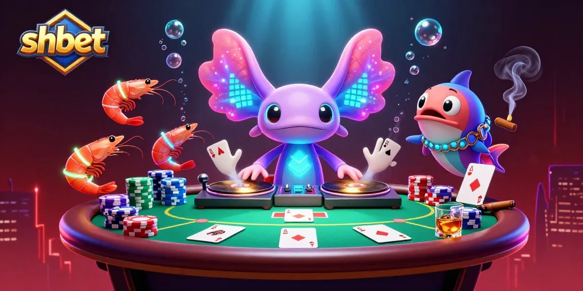Experience shbet's vibrant casino scene with an engaging axolotl DJ and poker action.