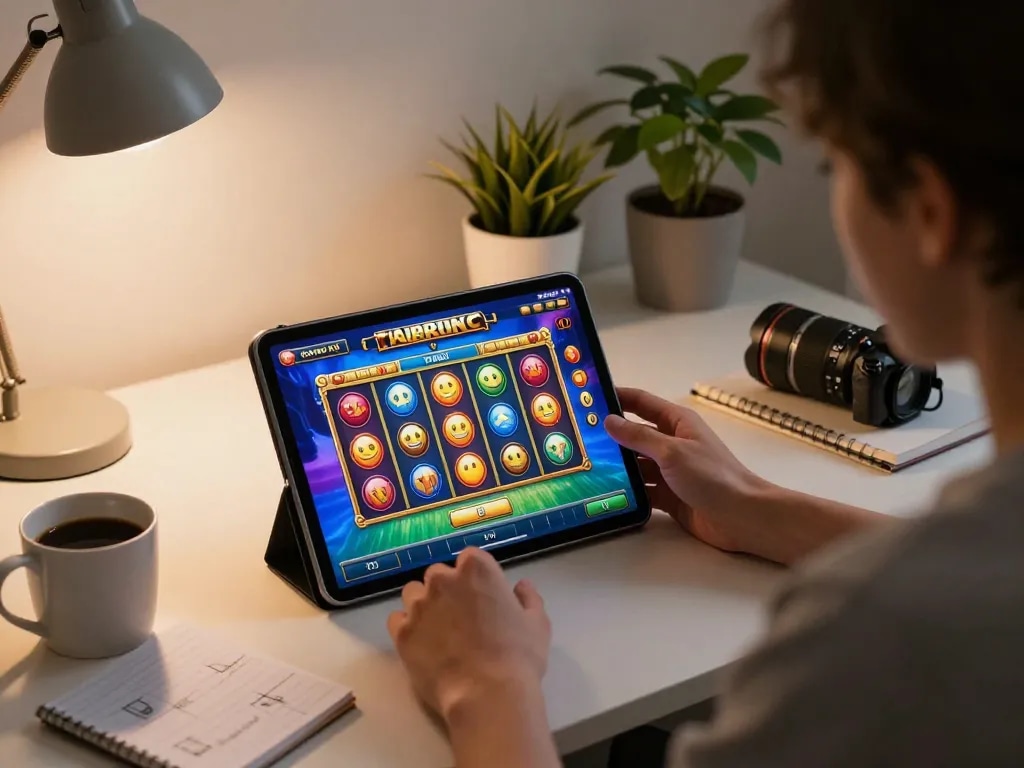Enjoying a thrilling slot game on a tablet in a cozy home setting.