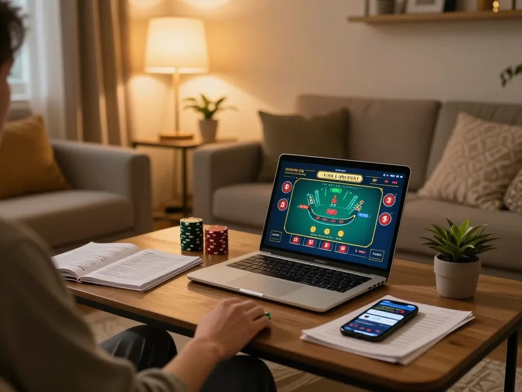 Person engaging in live dealer games on laptop at home, showcasing strategic online gambling with bj886.
