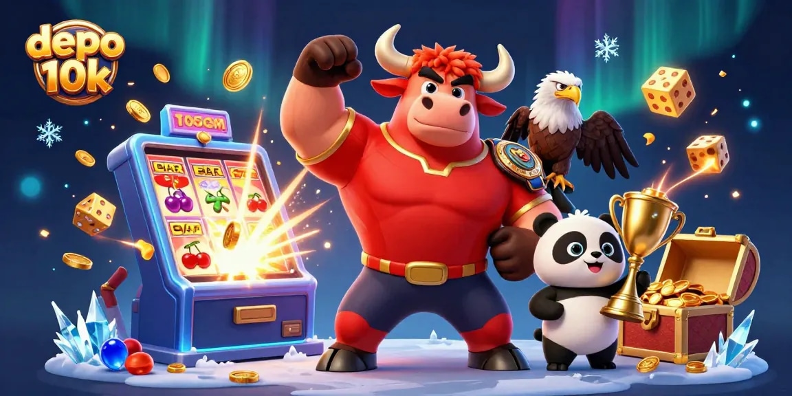 Experience thrilling wins with depo 10k at a vibrant casino scene featuring lively characters!