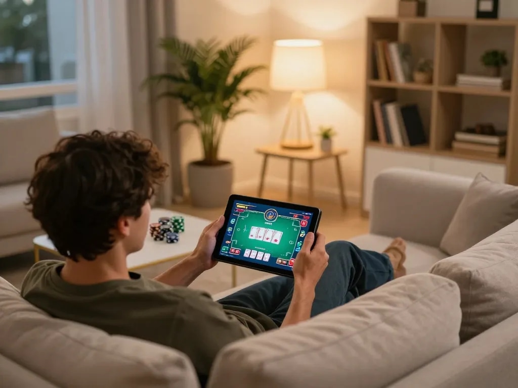 Player enjoying online poker at home on xx88 platform, showcasing warm and inviting atmosphere